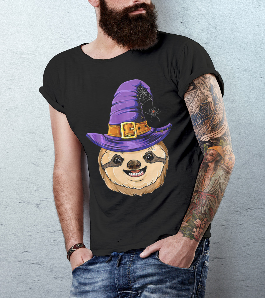 Sloth Witch Halloween Purple Hat Spider T-Shirt