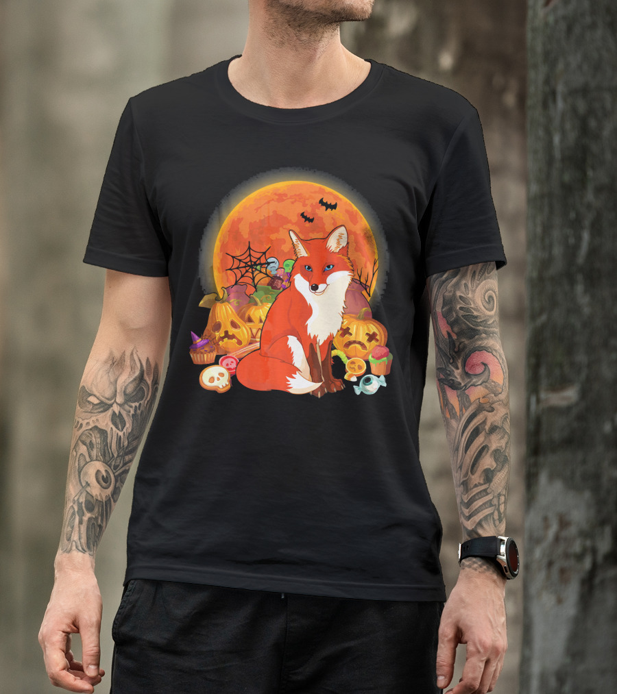 Funny Fox Halloween Full Moon Pumpkin Candy Scene T-Shirt