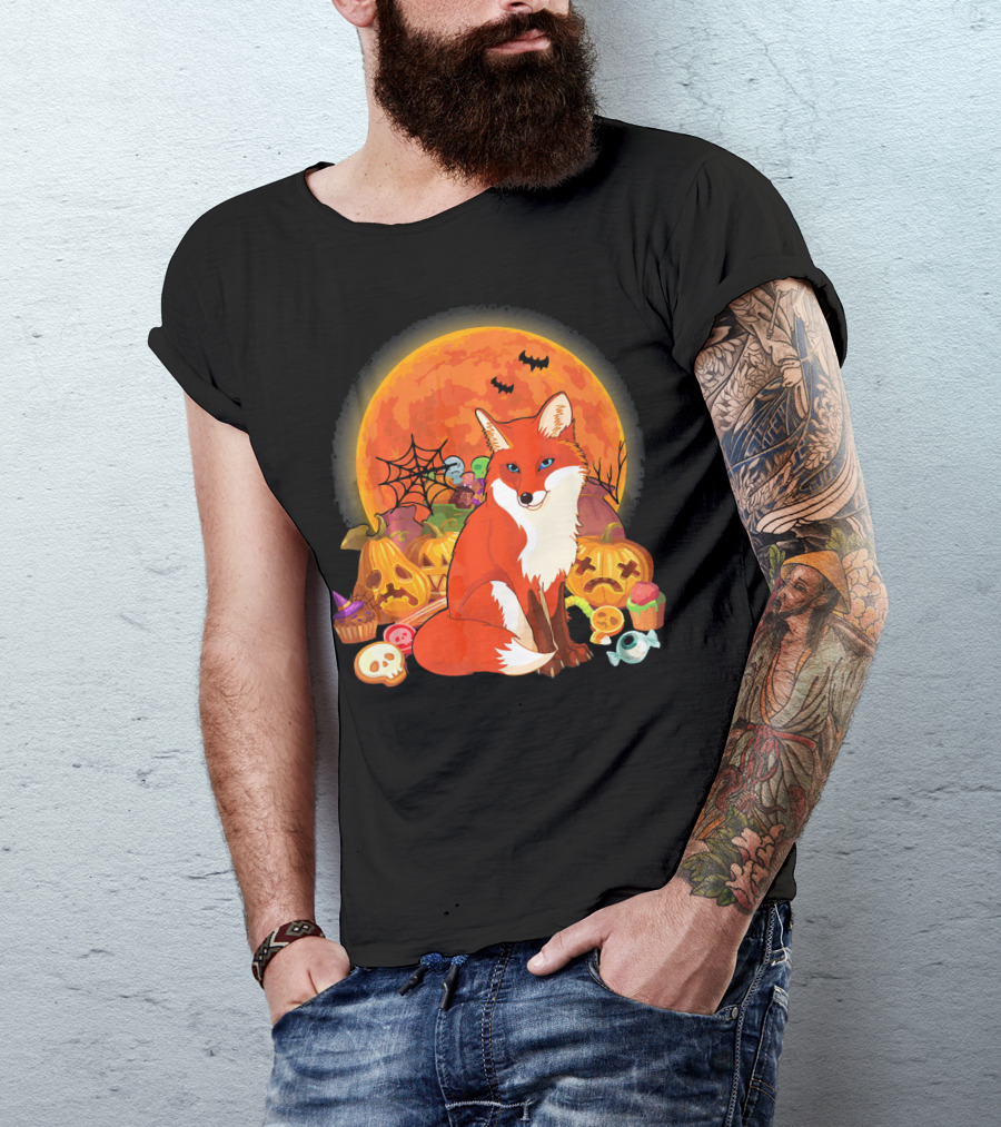 Funny Fox Halloween Full Moon Pumpkin Candy Scene T-Shirt