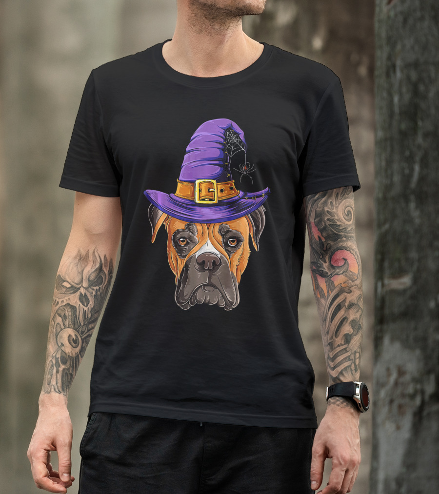 Boxer Dog Halloween Witch Hat Spider T-Shirt