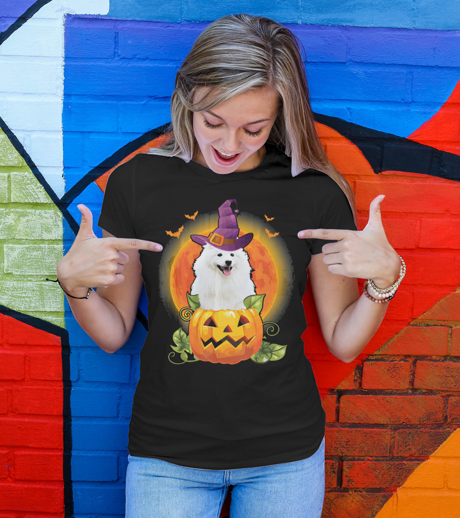 Samoyed Dog Witch Hat Pumpkin Halloween Moon T-Shirt