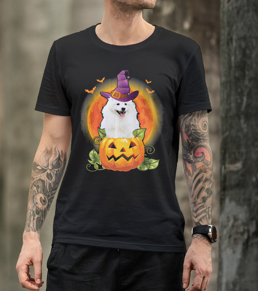 Samoyed Dog Witch Hat Pumpkin Halloween Moon T-Shirt