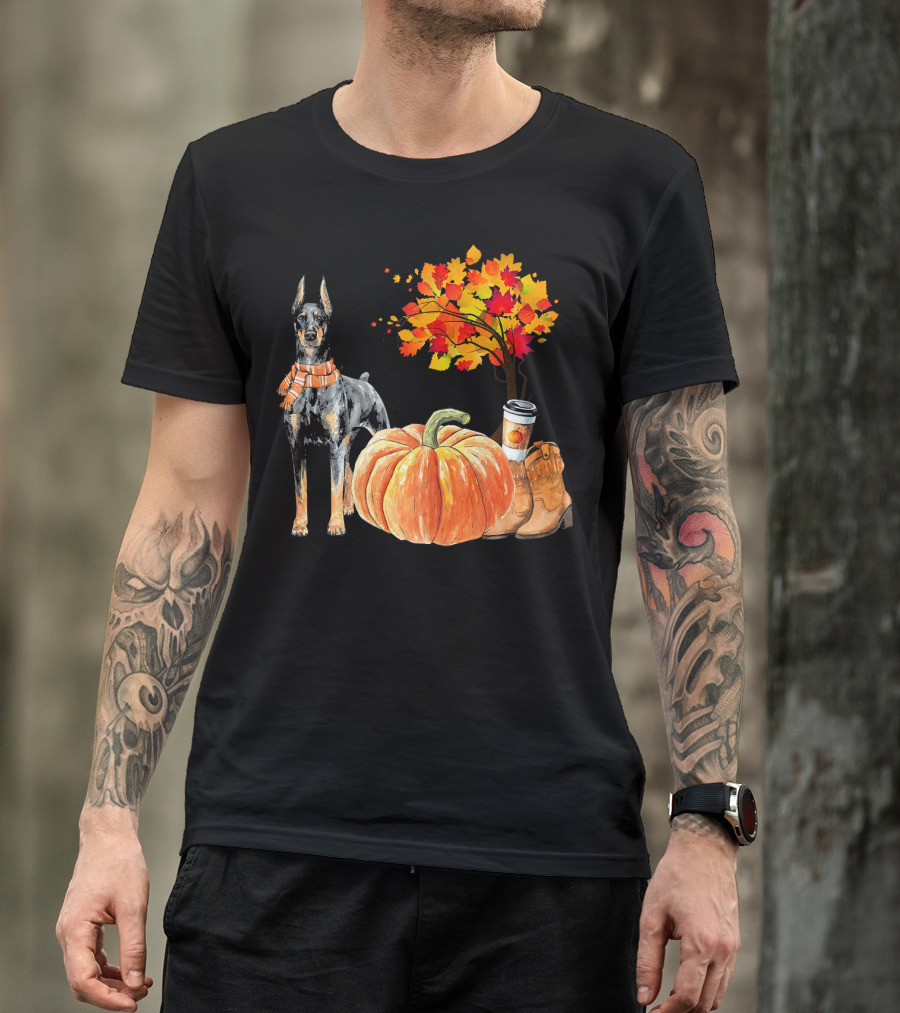 Doberman Pinscher Scarf Pumpkin Spice Autumn Boots Cozy Fall Leaves T-Shirt