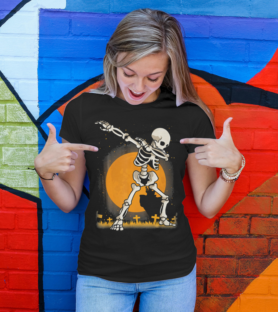 Halloween Skeleton Dabbing In Graveyard With Full Moon T-Shirt