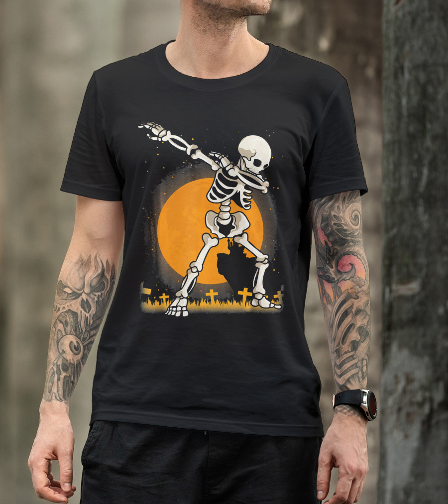 Halloween Skeleton Dabbing In Graveyard With Full Moon T-Shirt