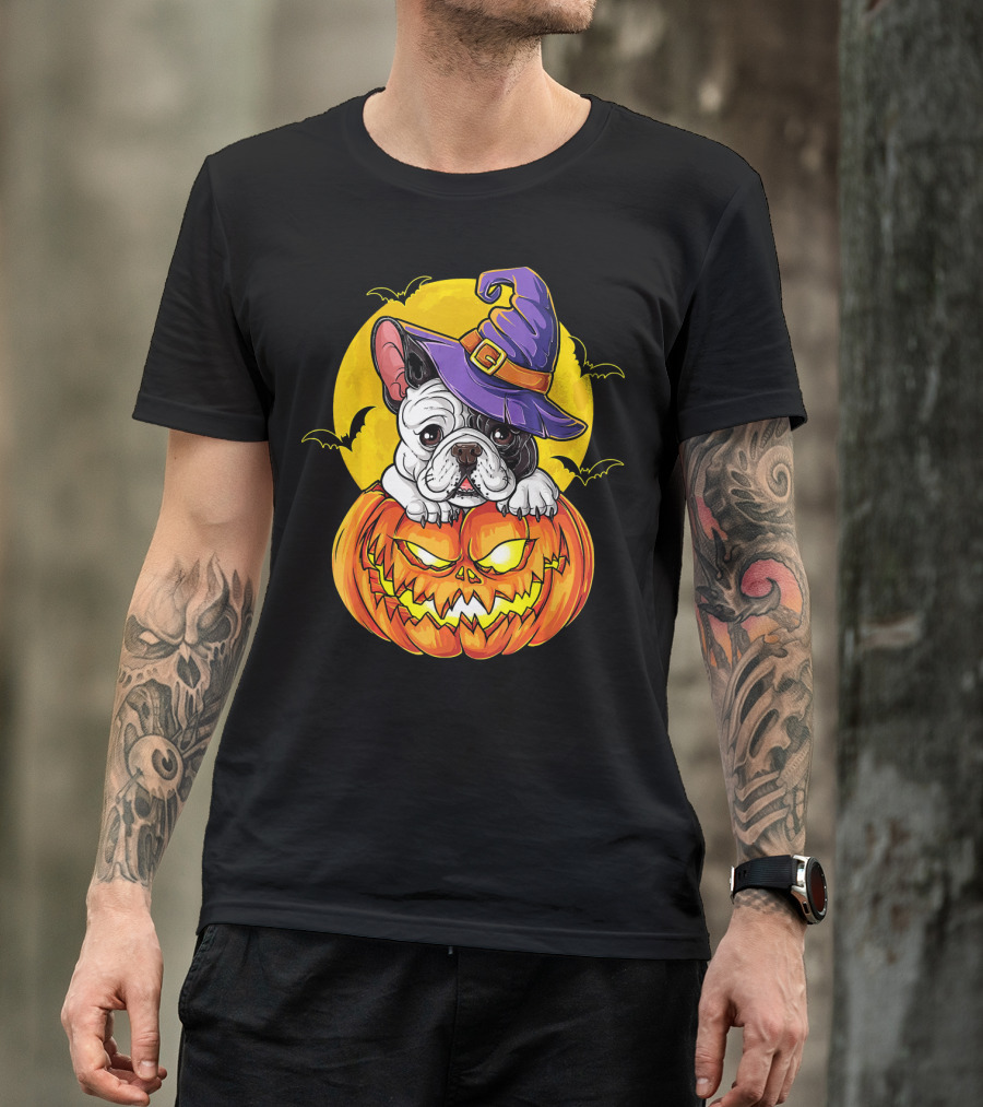 Halloween French Bulldog Witch In Pumpkin With Full Moon And Bats T-Shirt