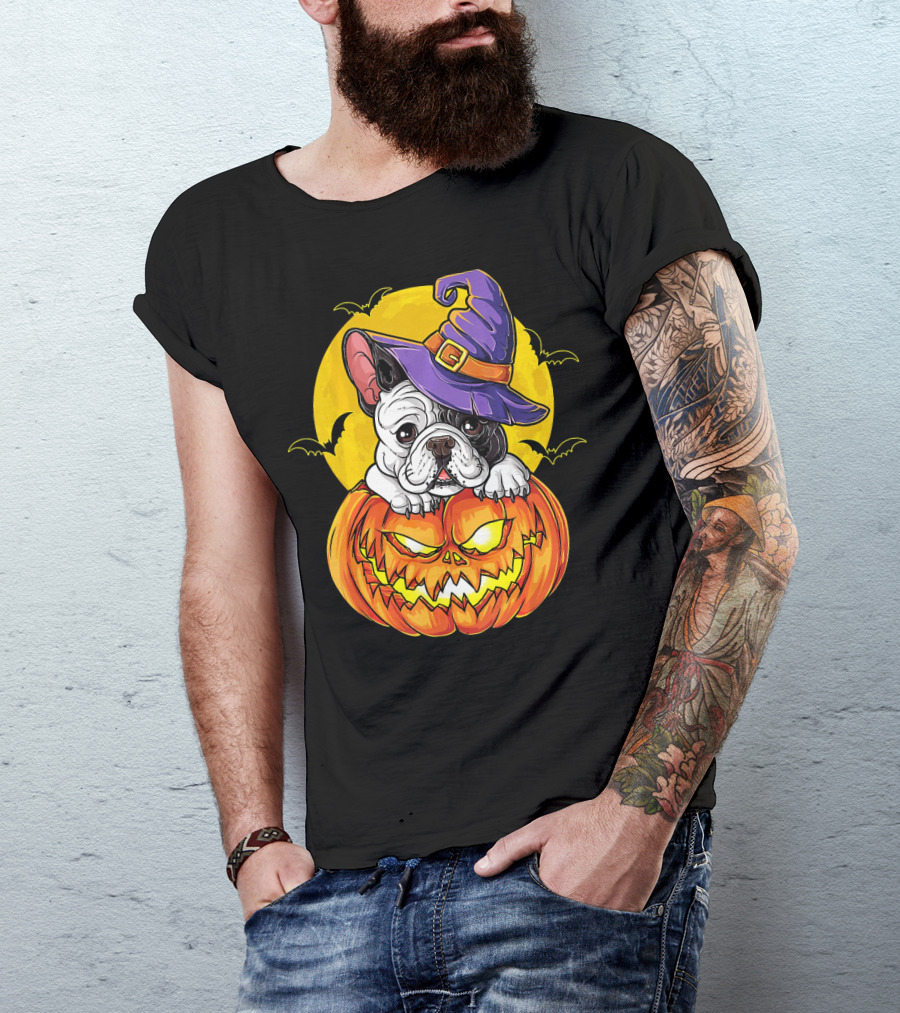 Halloween French Bulldog Witch In Pumpkin With Full Moon And Bats T-Shirt