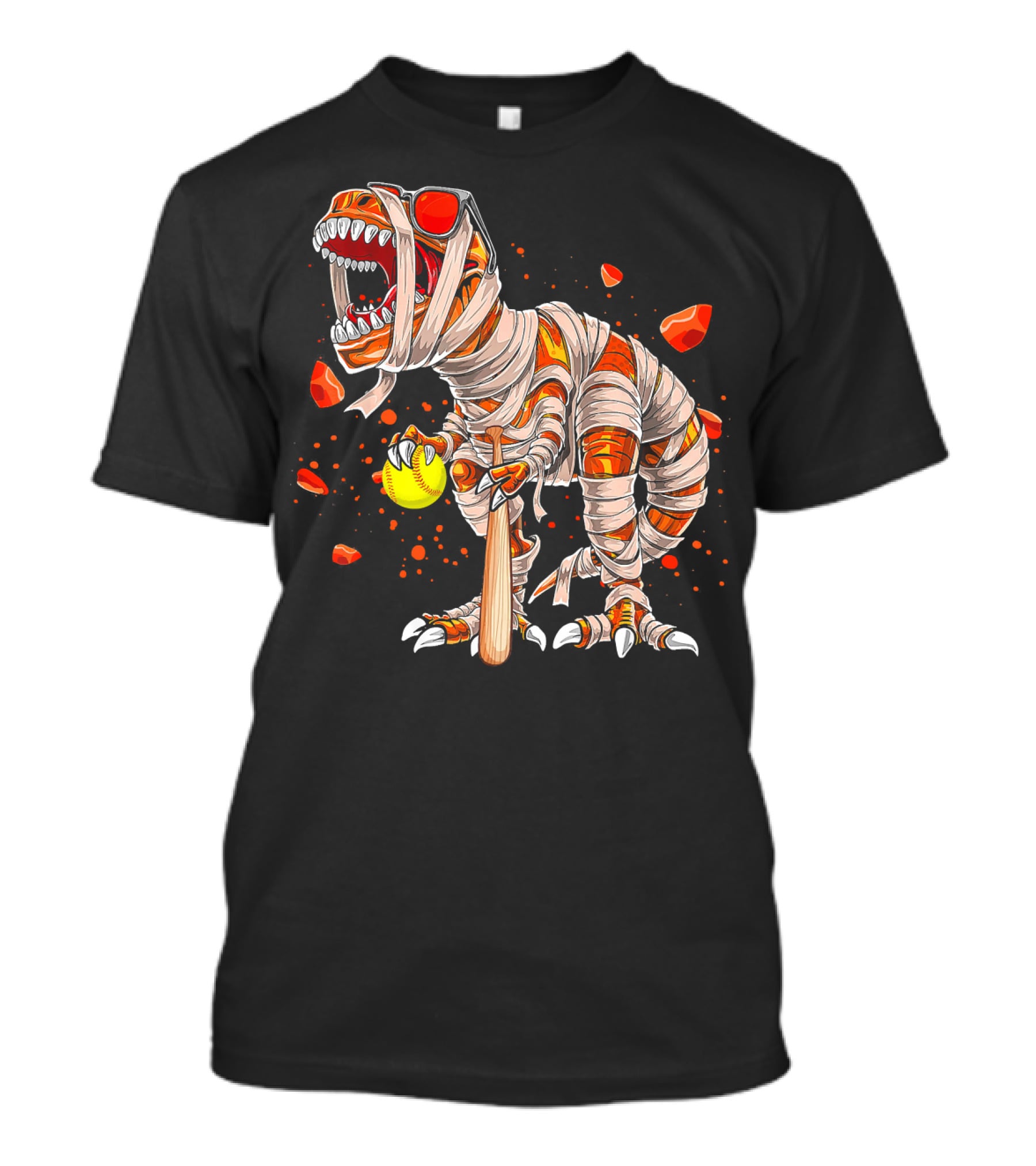 Mummy Dinosaur Playing Softball With Bat And Ball T-Shirt