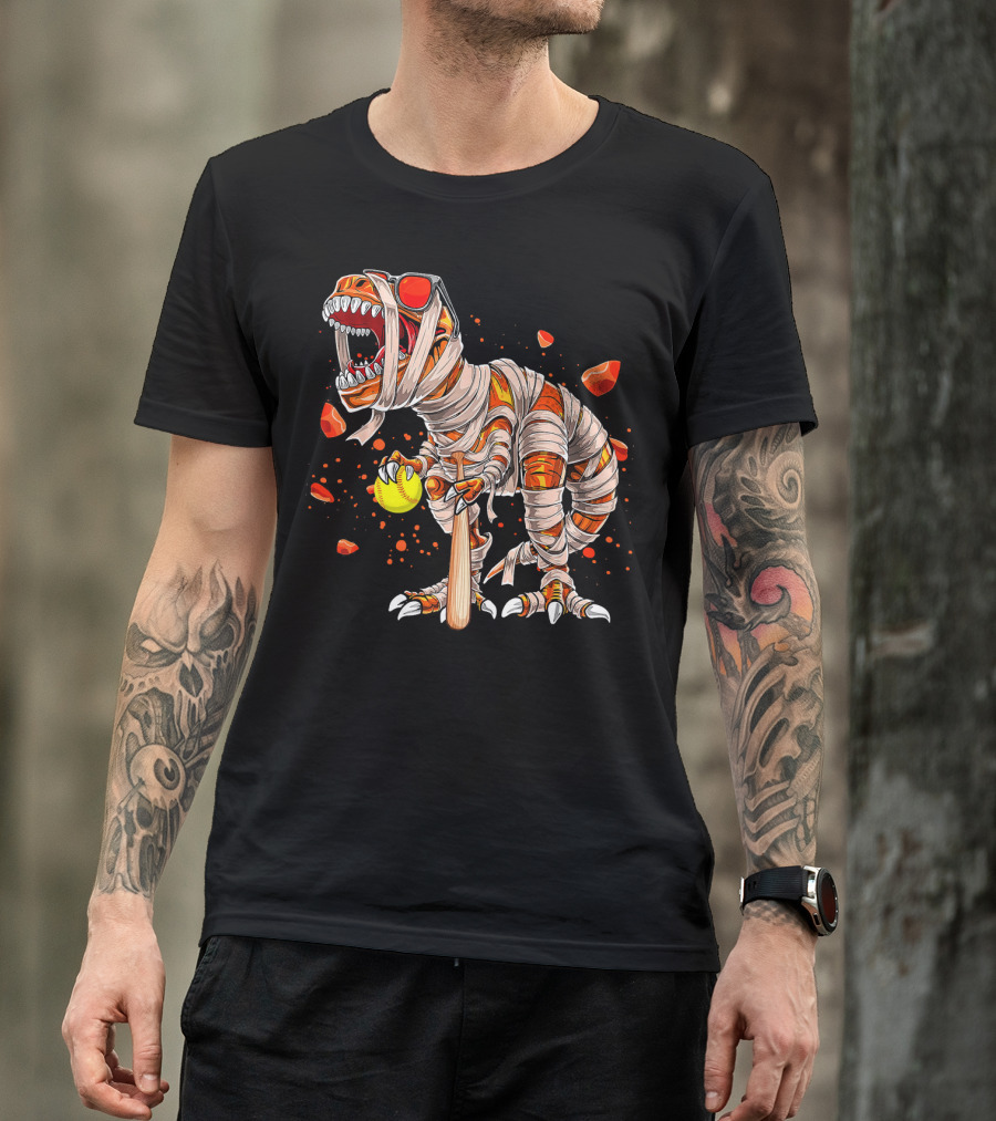 Mummy Dinosaur Playing Softball With Bat And Ball T-Shirt