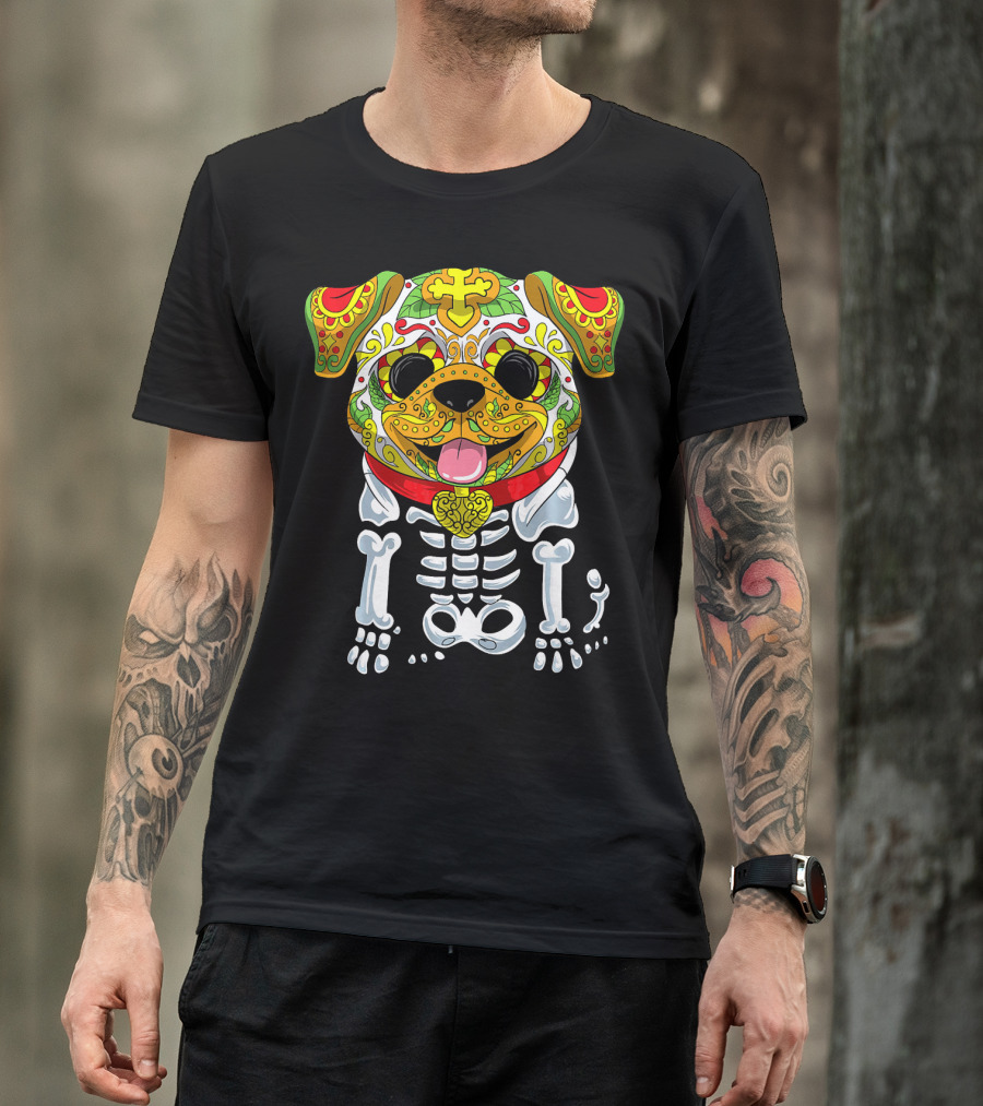 Dia De Los Muertos And Halloween Sugar Skull Dog Skeleton T-Shirt