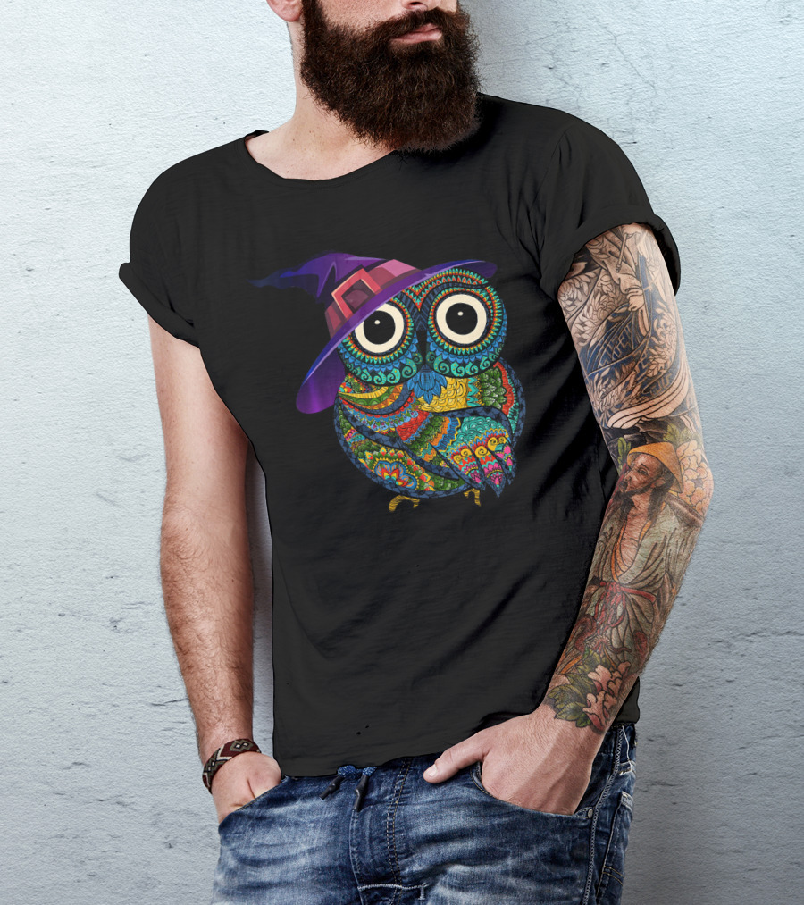 Colorful Owl With Witch Hat In Halloween Costume Fun T-Shirt