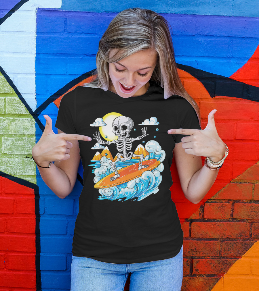 Skeleton Surfing Halloween On Hawaiian Waves With Sun And Clouds T-Shirt