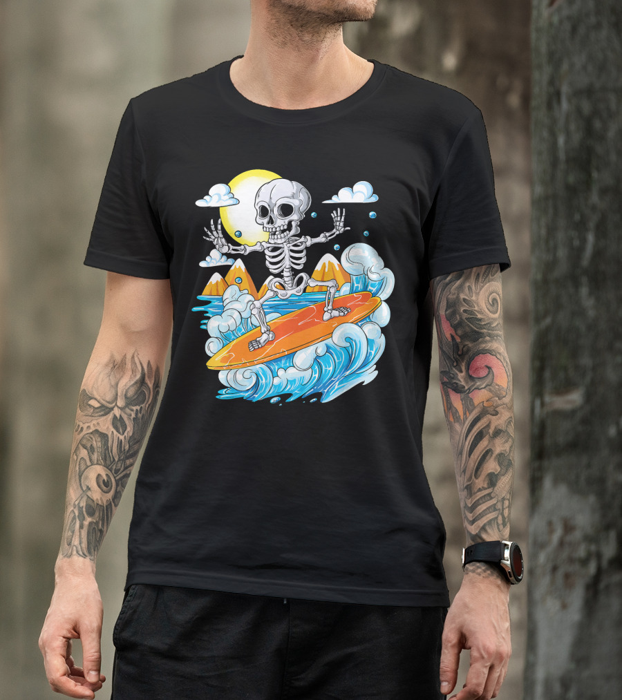 Skeleton Surfing Halloween On Hawaiian Waves With Sun And Clouds T-Shirt