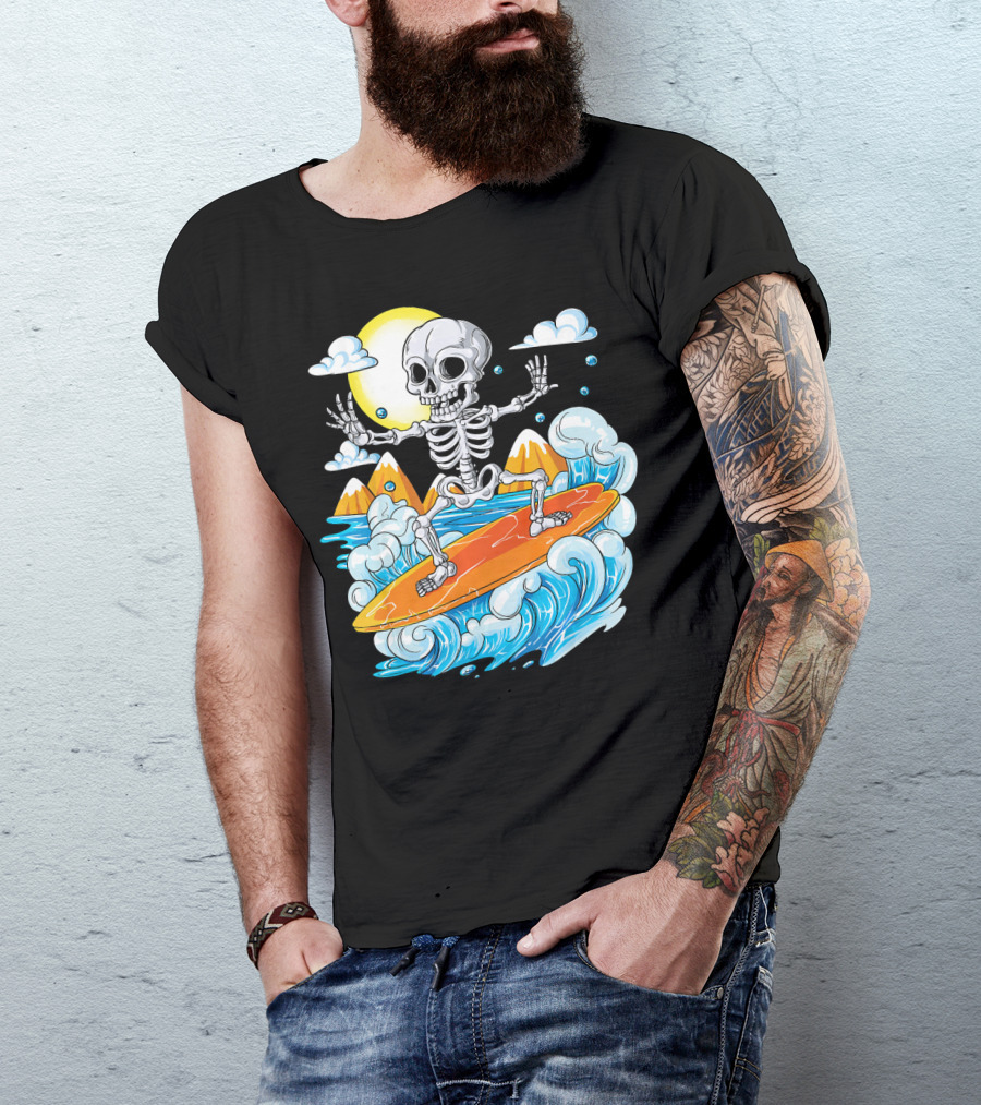 Skeleton Surfing Halloween On Hawaiian Waves With Sun And Clouds T-Shirt