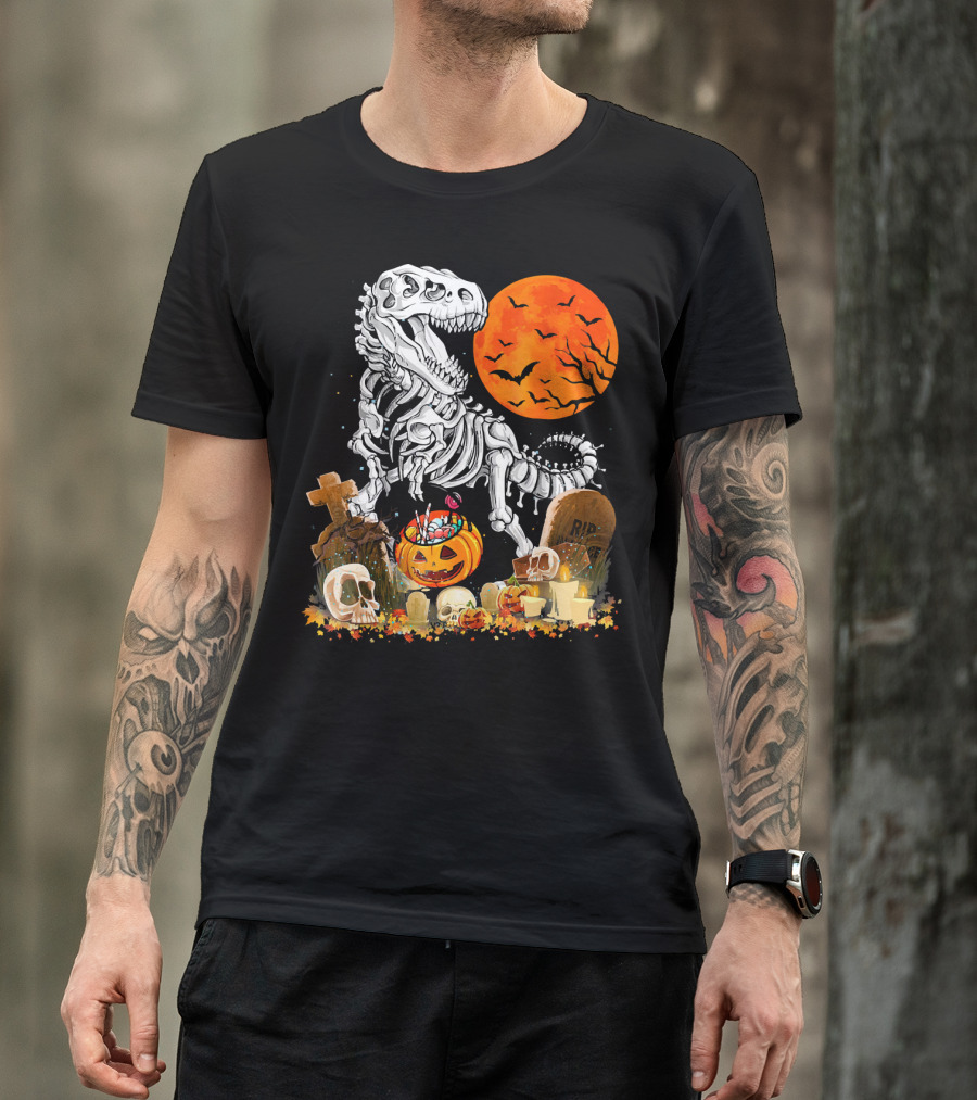 Halloween Dinosaur Rex Skeleton With Pumpkin And Full Moon T-Shirt