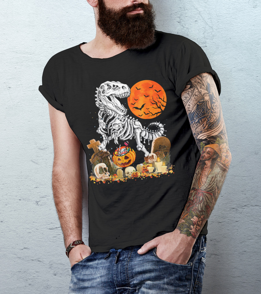 Halloween Dinosaur Rex Skeleton With Pumpkin And Full Moon T-Shirt