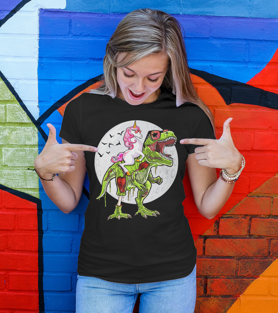 Funny Halloween Unicorn Riding Zombie Dinosaur With Bats And Full Moon T-Shirt