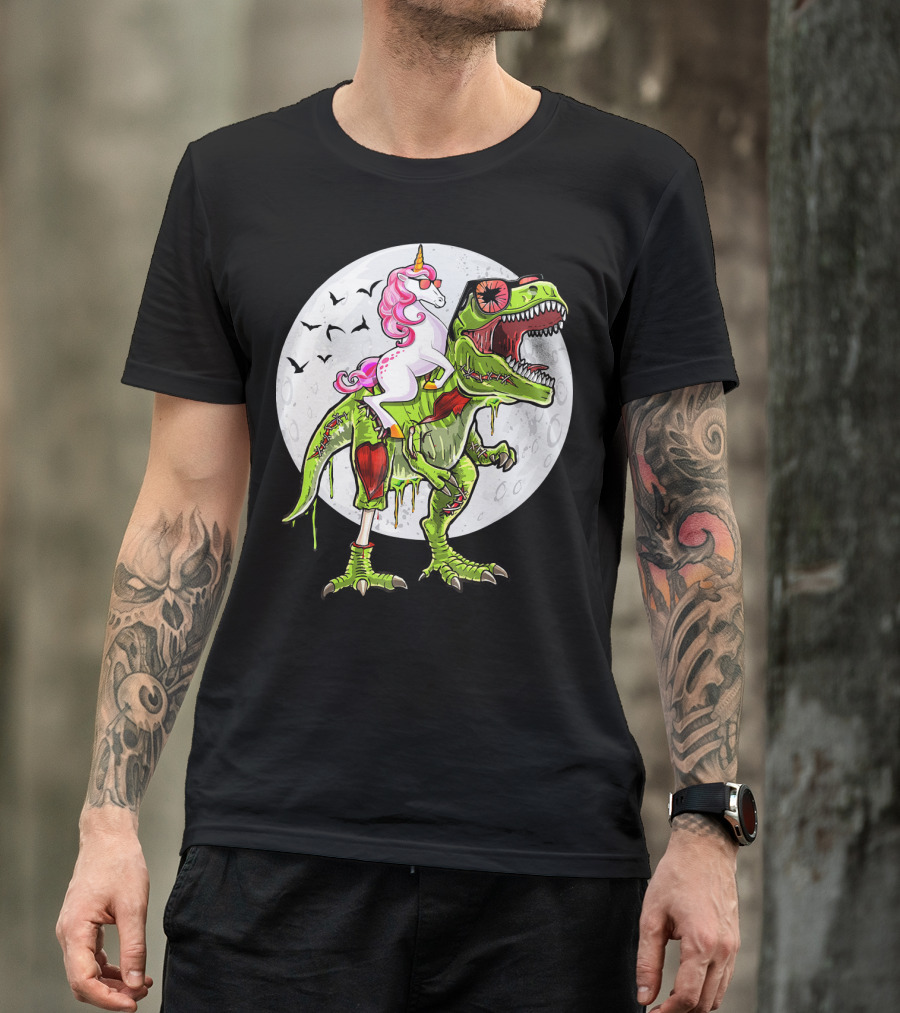 Funny Halloween Unicorn Riding Zombie Dinosaur With Bats And Full Moon T-Shirt