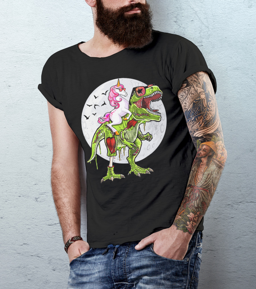 Funny Halloween Unicorn Riding Zombie Dinosaur With Bats And Full Moon T-Shirt