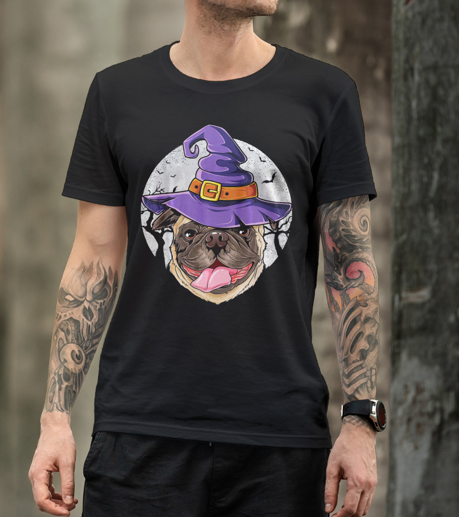 Pug Witch Hat Halloween Moon Bats Forest T-Shirt