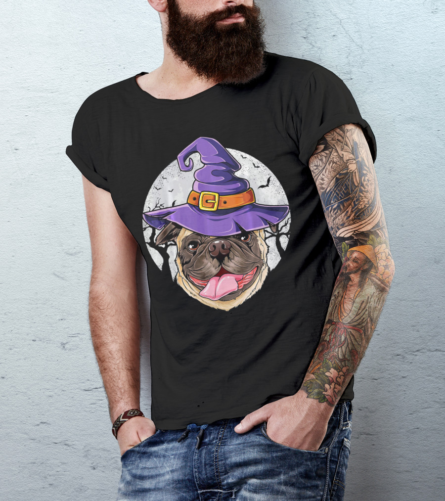 Pug Witch Hat Halloween Moon Bats Forest T-Shirt