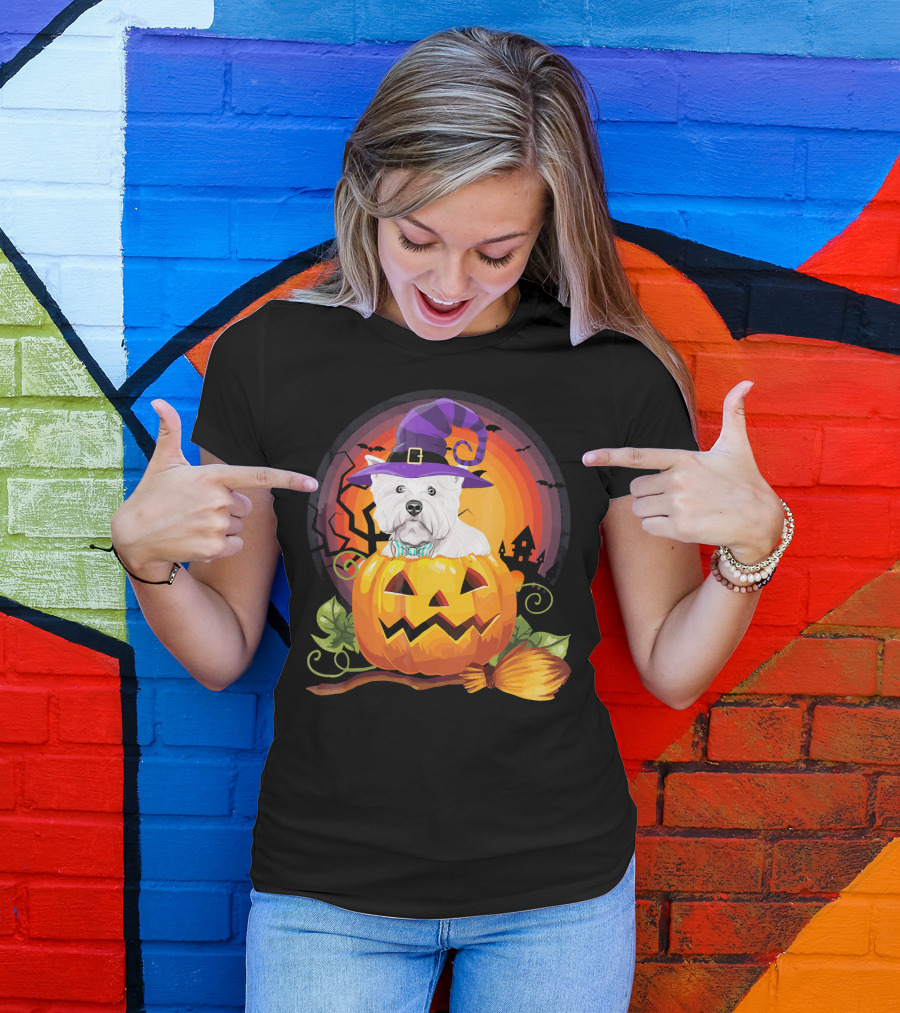Westie Dog In Witch Hat With Jack-O'-Lantern For Halloween T-Shirt