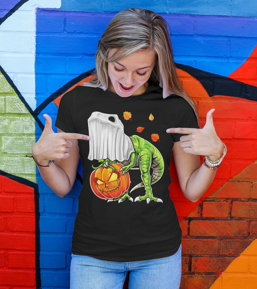 Halloween Dinosaur Ghost Pumpkin Jack Leaves T-Shirt