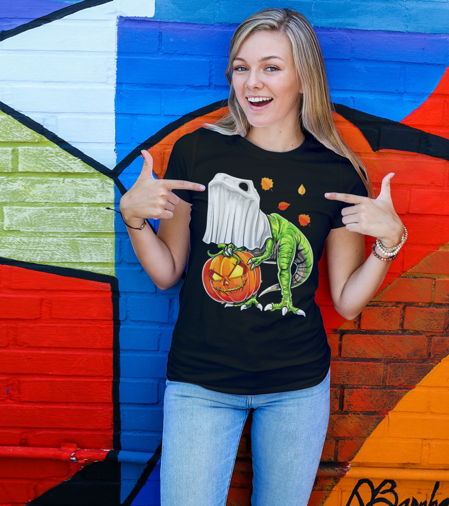Halloween Dinosaur Ghost Pumpkin Jack Leaves T-Shirt