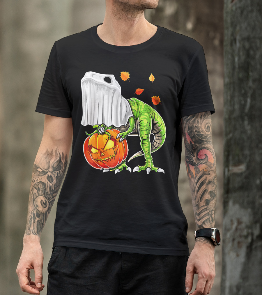 Halloween Dinosaur Ghost Pumpkin Jack Leaves T-Shirt