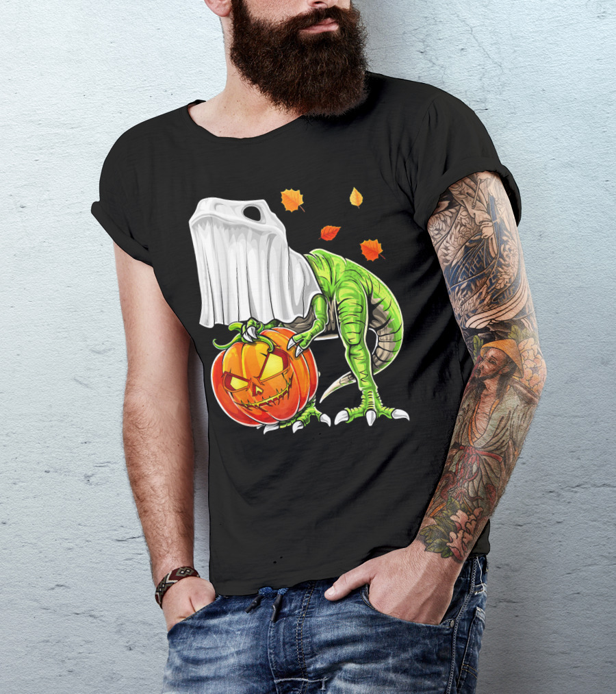 Halloween Dinosaur Ghost Pumpkin Jack Leaves T-Shirt