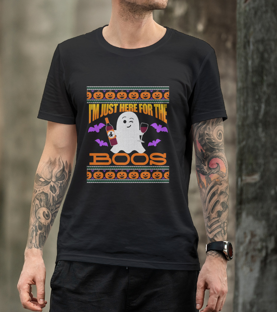 I'm Just Here For The Boos Ugly Halloween Wine Ghost Pumpkins Bats T-Shirt
