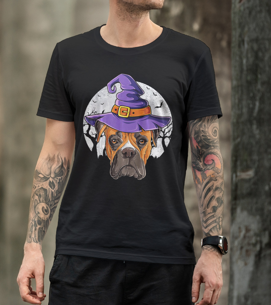Boxer Dog Wearing Purple Witch Hat Under Full Moon With Bats Halloween T-Shirt