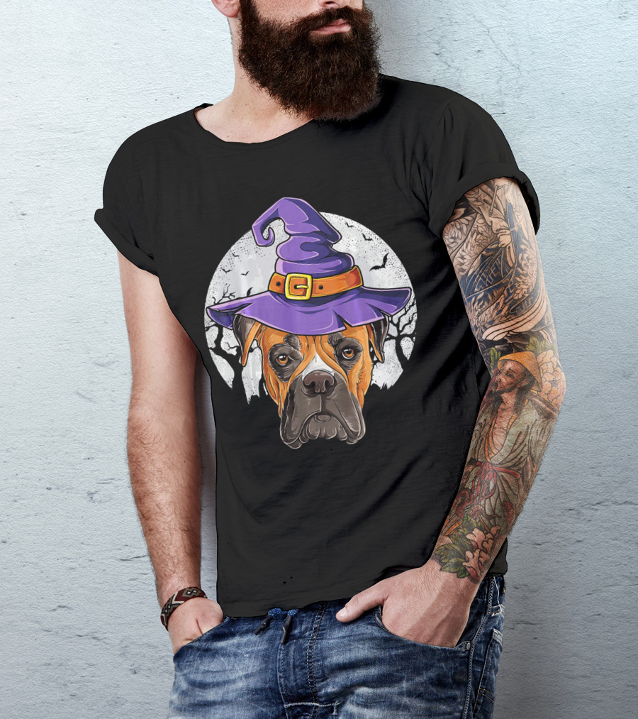 Boxer Dog Wearing Purple Witch Hat Under Full Moon With Bats Halloween T-Shirt