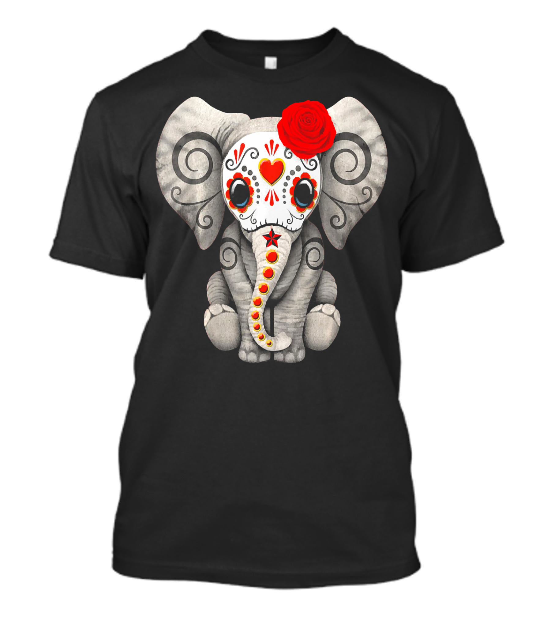 Sugar Skull Elephant With Red Rose Day Of The Dead T-Shirt