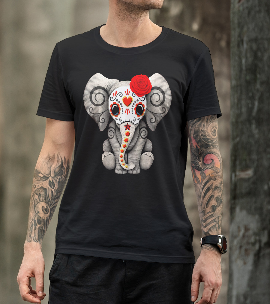 Sugar Skull Elephant With Red Rose Day Of The Dead T-Shirt