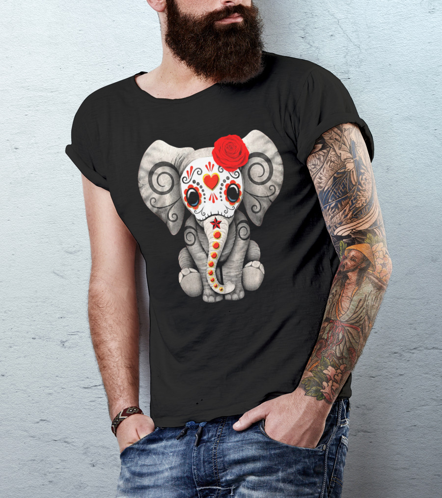Sugar Skull Elephant With Red Rose Day Of The Dead T-Shirt