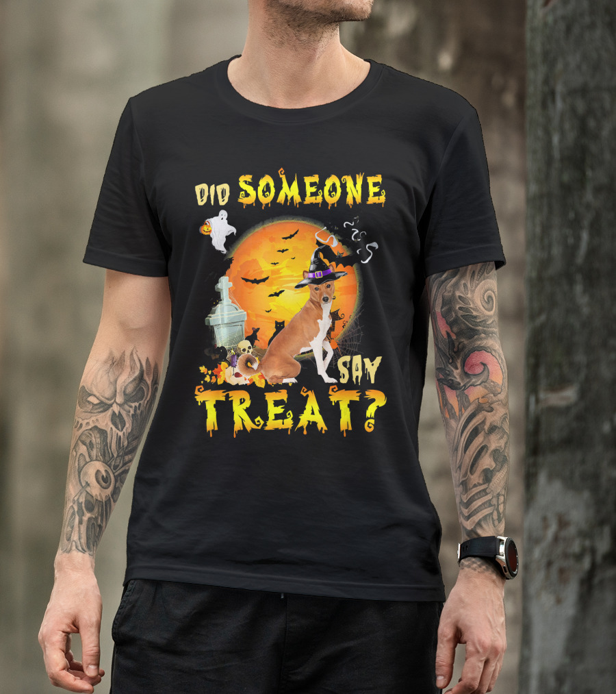 Did Someone Say Treat Basenji Halloween Moon Ghost Bats Witch Hat T-Shirt