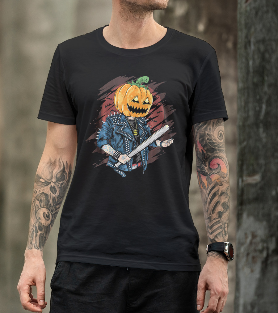 Punk Rocker Metalhead Pumpkin With Spiked Jacket And Baseball Bat T-Shirt