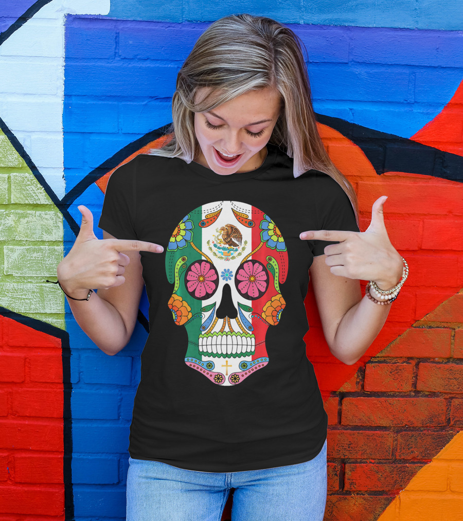 Mexican Flag Sugar Skull Eagle Floral Motif T-Shirt