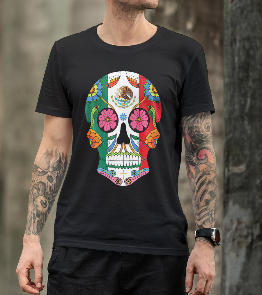 Mexican Flag Sugar Skull Eagle Floral Motif T-Shirt