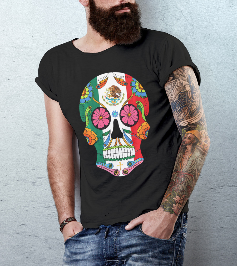 Mexican Flag Sugar Skull Eagle Floral Motif T-Shirt