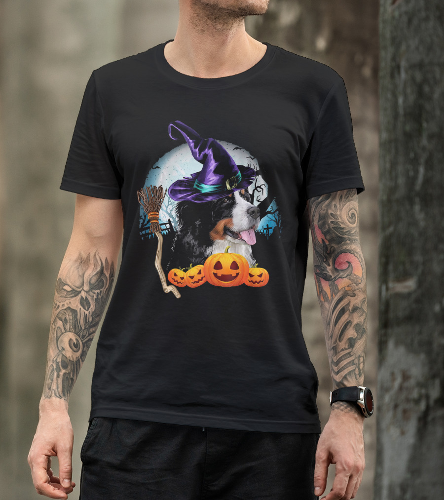 Bernese Mountain Dog In Witch Hat With Pumpkins And Broomstick Halloween Scene T-Shirt