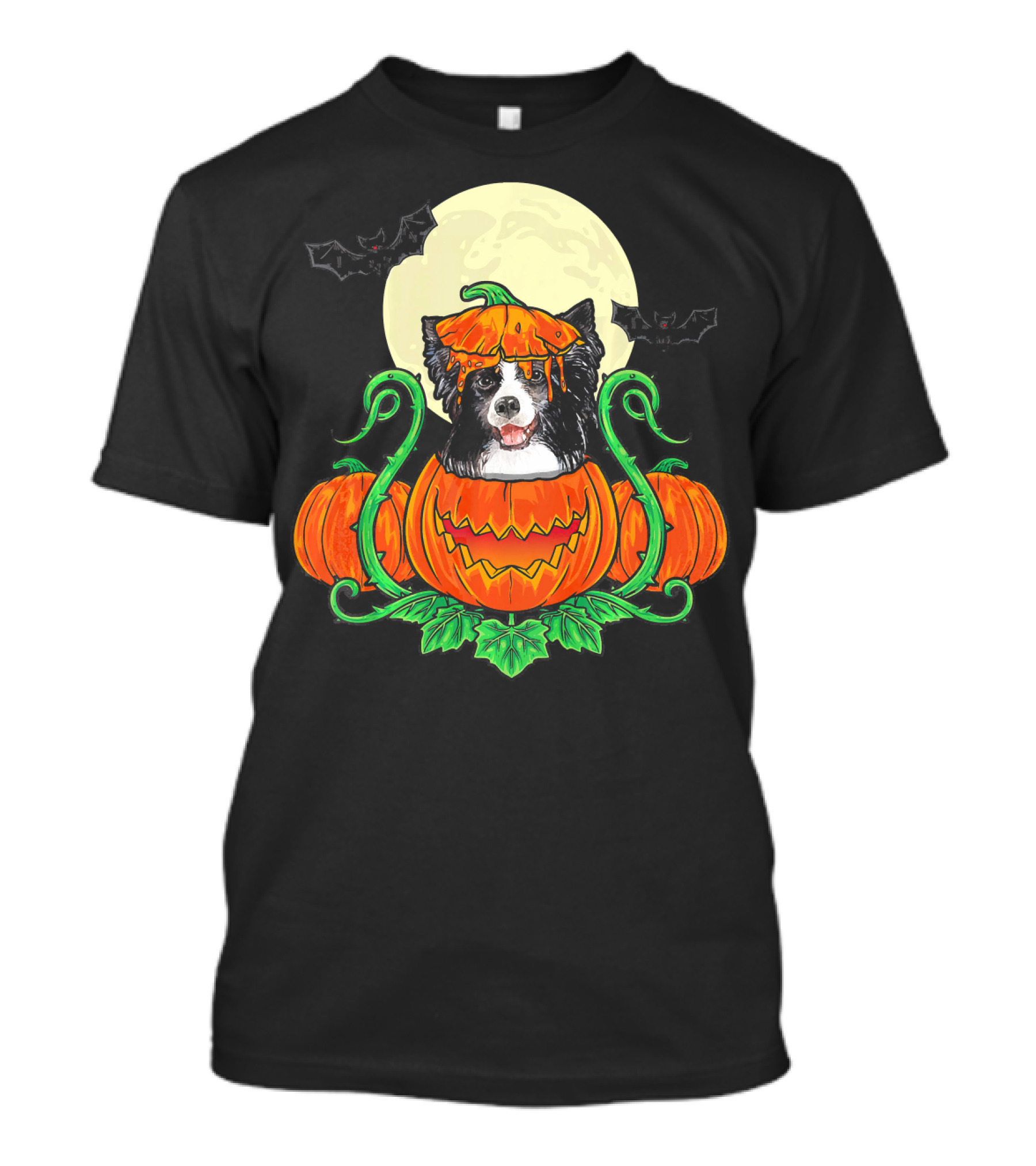 Border Collie Halloween Pumpkin Full Moon With Bats T-Shirt