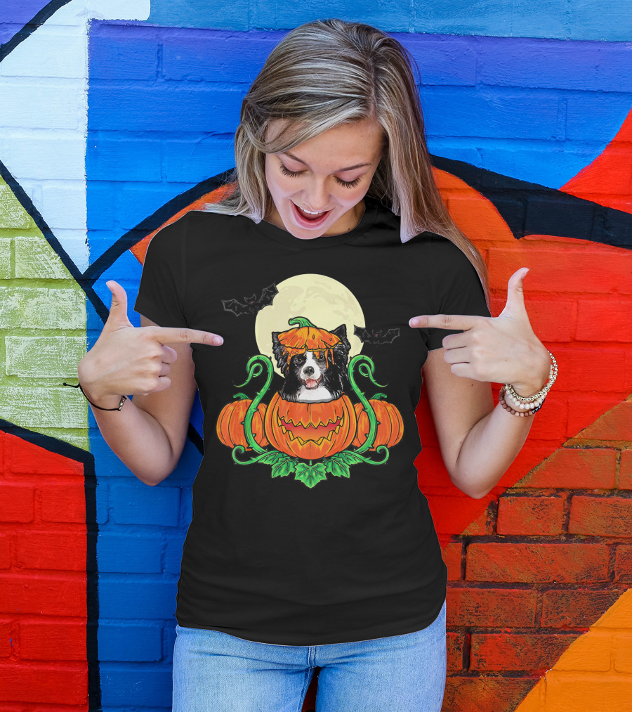 Border Collie Halloween Pumpkin Full Moon With Bats T-Shirt