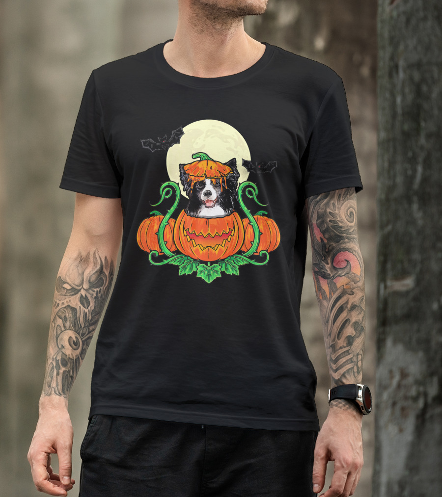 Border Collie Halloween Pumpkin Full Moon With Bats T-Shirt