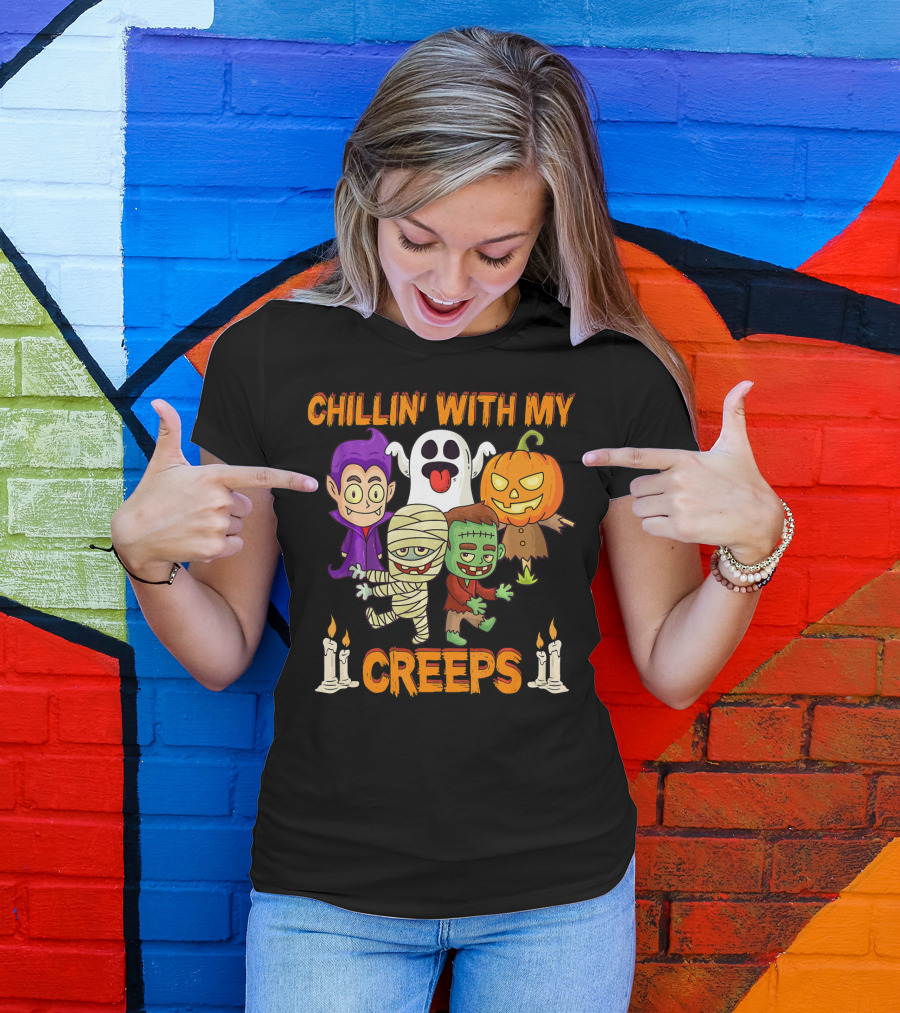 Chillin With My Creeps Ghost Mummy Frankenstein Vampire Pumpkin Candles T-Shirt