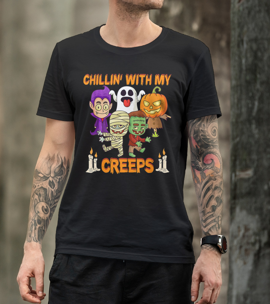 Chillin With My Creeps Ghost Mummy Frankenstein Vampire Pumpkin Candles T-Shirt