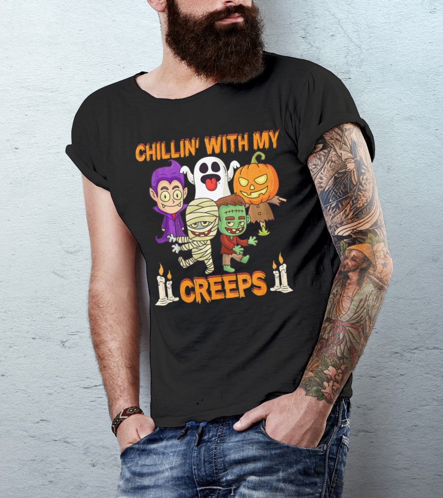 Chillin With My Creeps Ghost Mummy Frankenstein Vampire Pumpkin Candles T-Shirt