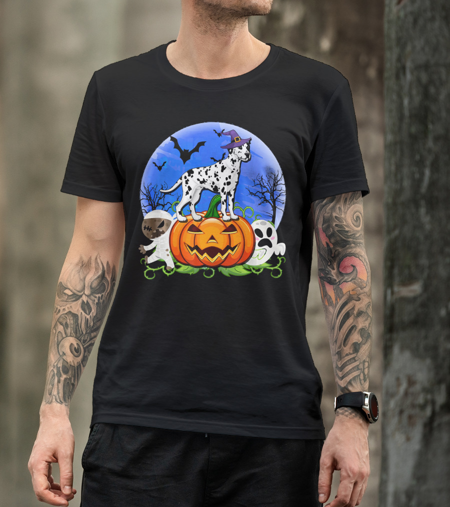 Dalmatian Pumpkin Halloween Mummy Ghost Moon Bats Trees T-Shirt