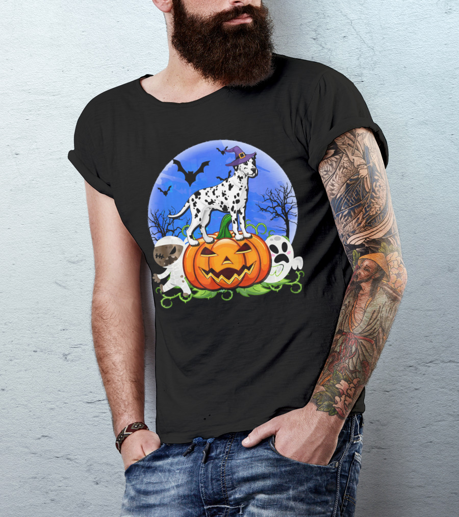 Dalmatian Pumpkin Halloween Mummy Ghost Moon Bats Trees T-Shirt